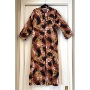 VTG Cabernet HouseDress Sz M Housecoat Full Zip Black Orange Animal Print Lounge